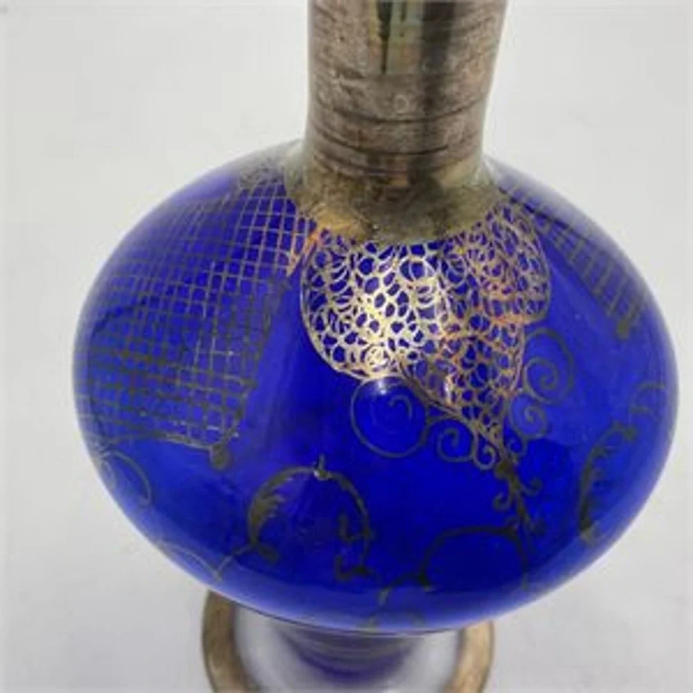 Vintage Cobalt Blue Glass Decanter Silver Overlay Venetian Gondola & Stopper